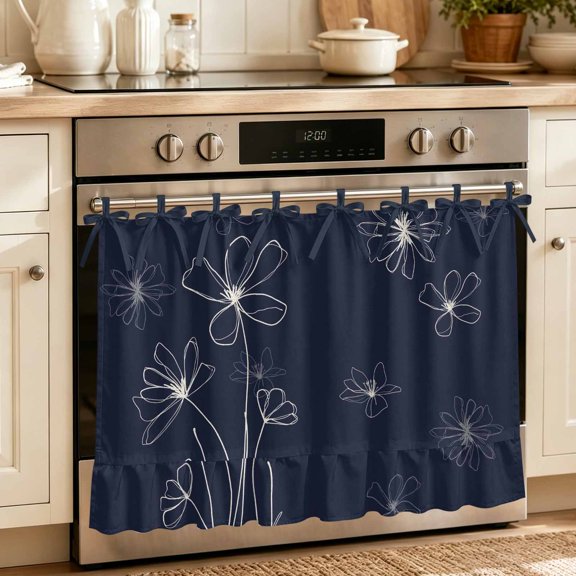 Oven Skirt Curtain for Kitchen 20x27 Inch, Navy Blue Oven Curtain with 8 Ribbon Ties & Ruffle Trim, Stove Skirt Curtain Dishwasher for Cabinets Over Sinks Spring Flora