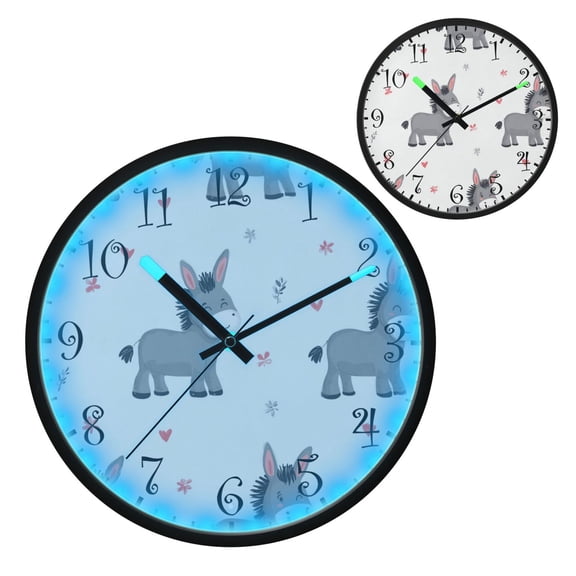 Voice Activated Clock with Glow Light 12 Inch Large Silent Wall Clock Battery Operated for Home Decor Grey Cute Donkeys Pattern
