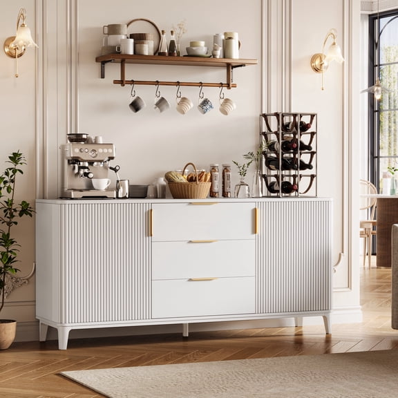 UGTOO 59" Modern White Sideboard Buffet with Gold Accents, Large Wood Credenza with 3 Drawers and 2 Storage Cabinets, Fluted Detail Coffee Bar Cabinet for Dining Room, Kitchen, and Living Room
