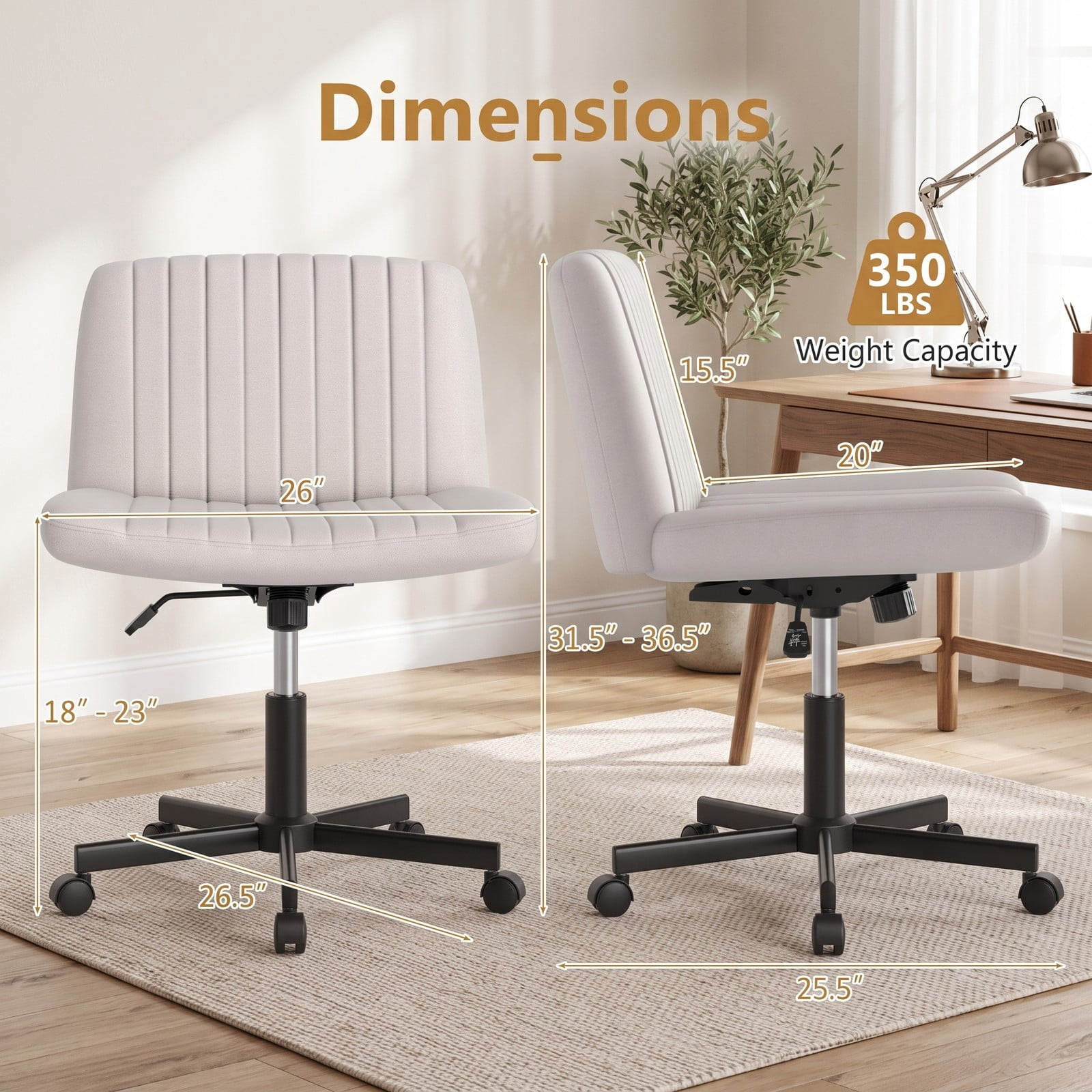 Furnibear Criss Cross Desk Chair with Wheels, Cross-Legged Swivel Home Office Task Chair, Height Adjustable Armless Rolling Computer Chair with Padded Wide, Beige