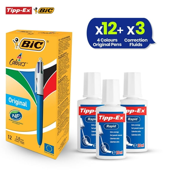 BIC 4 Colours Original Pens Pack of 12 & Tipp-Ex Correction Fluid Pack of 3