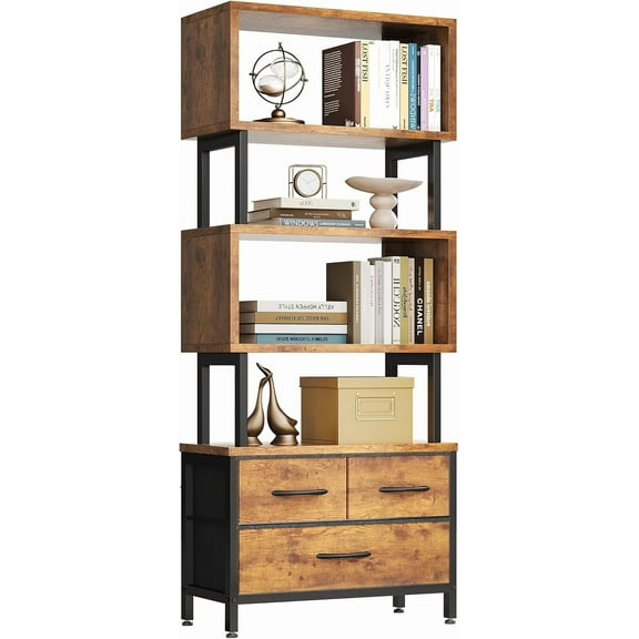 Casaottima 7 Tier Bookshelf, Tall Geometric Bookcase with Fabric Drawers, Modern Display Book Shelves Book Case for Living Room Bedroom, Wood Decorative Standing Shelving Unit for Home Office, Black