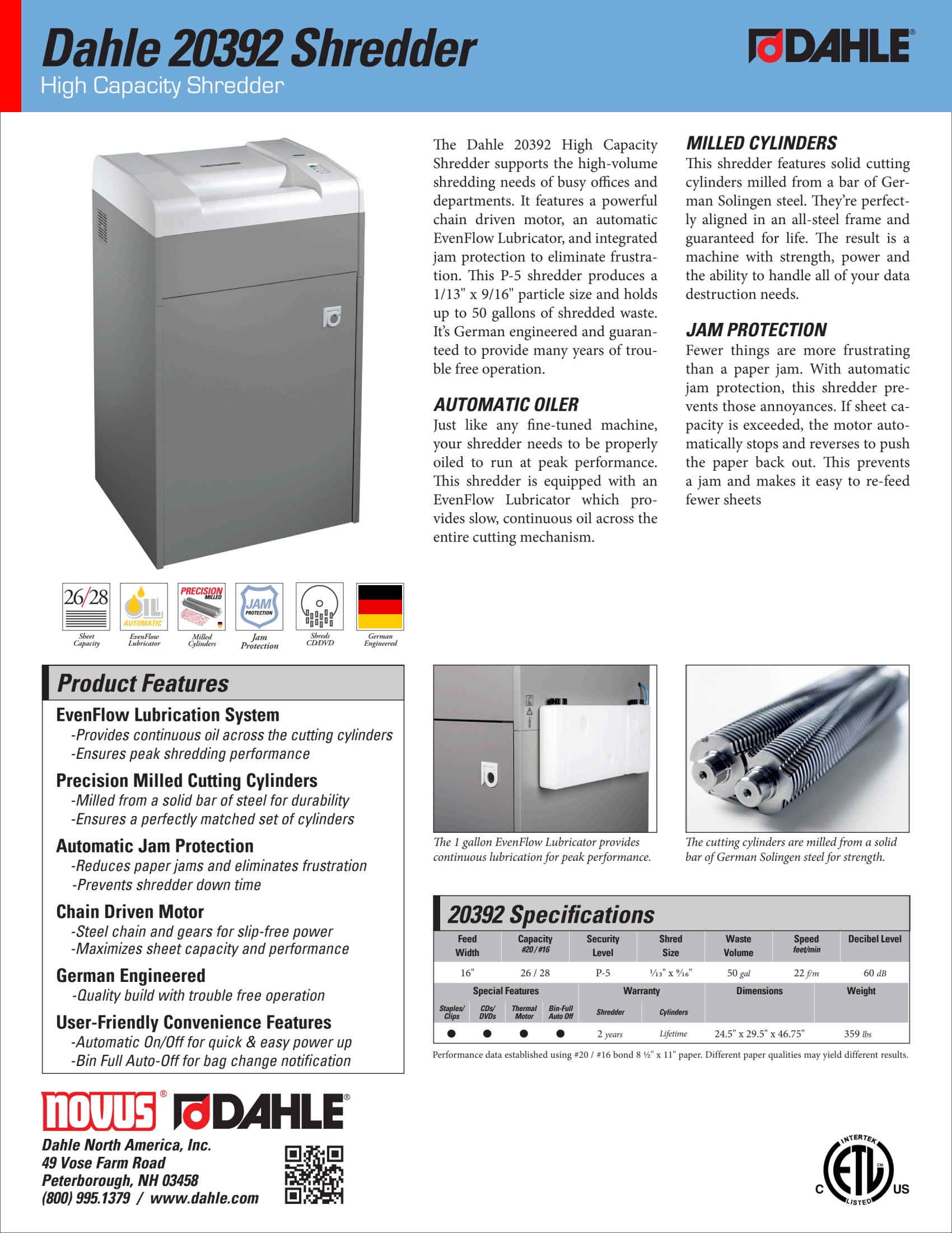 Dahle 20392 High Capacity Paper Shredder w/Auto Oiler, Jam Protection, 26 Sheet Max, Level P-5 | O-4