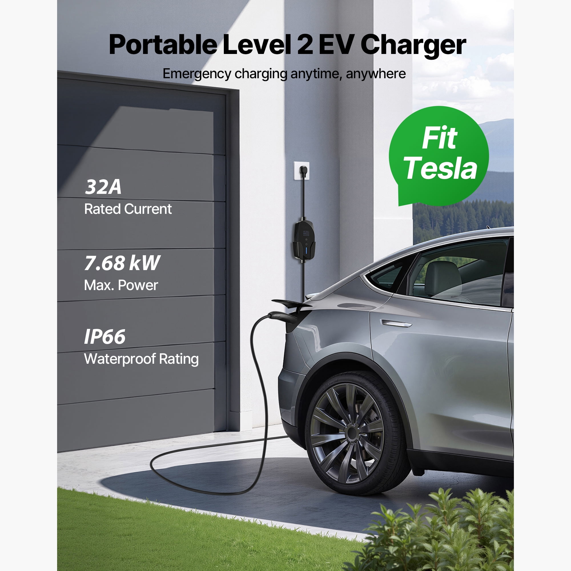 KFFKFF Level 2 EV Charger, 32 Amp Adjustable Current, 240V Portable Electric Vehicle Charger with 25 ft Cable, NEMA 14-50 Plug, LCD Screen, NACS Connector, Compatible with Tesla Models Y/X/3/S