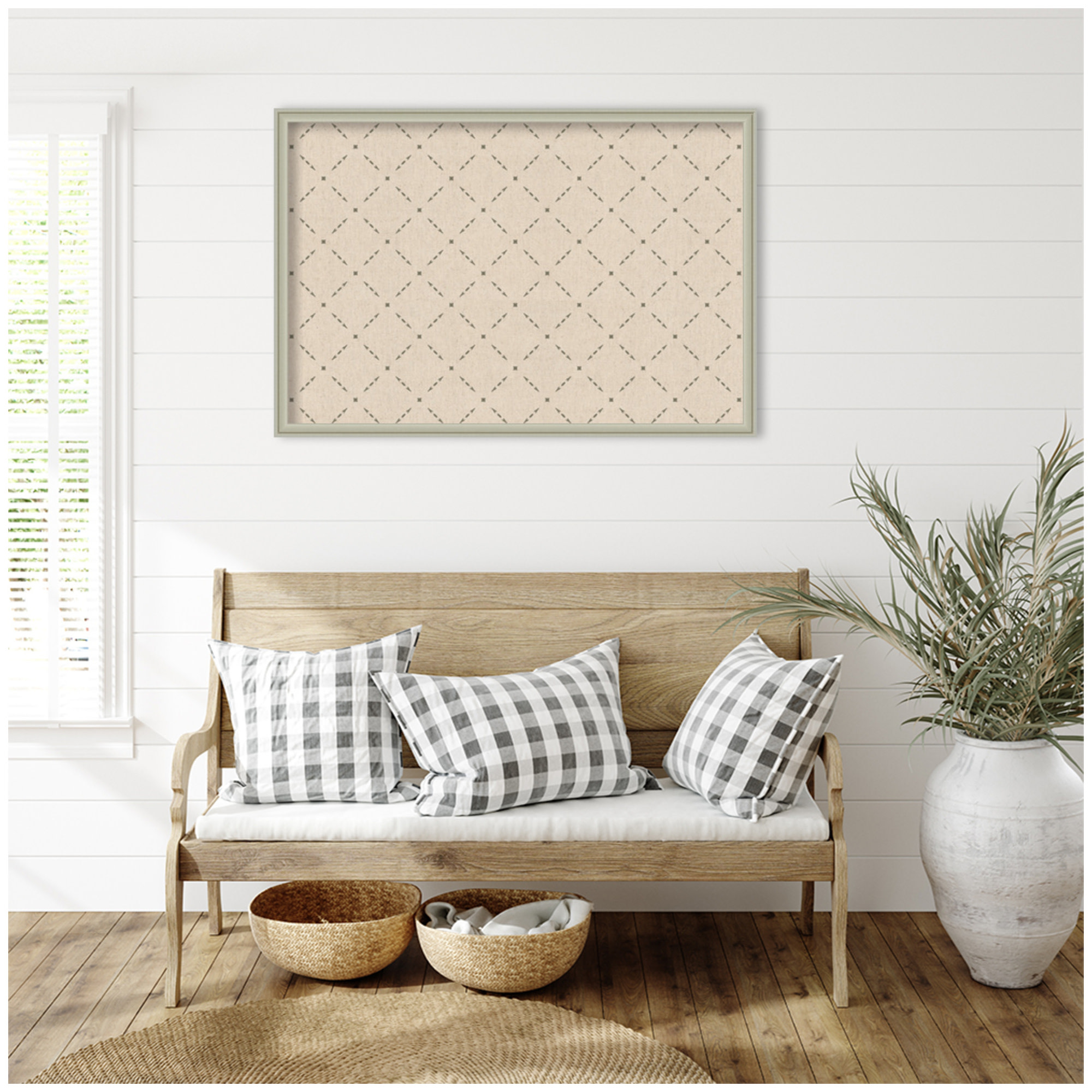 Kate and Laurel Framed Fabric Pinboard 38 x 26, Green Lattice Pattern Printed Linen Classic Bulletin Board for Use as a Vision Board or Wall Organization, Florence Silver Frame