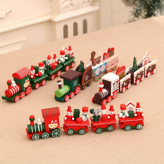 4 Pcs Christmas Wooden Train Ornament Wooden Mini Train Kids Gift Toys for Christmas Party Kindergarten Decoration Home Decorations