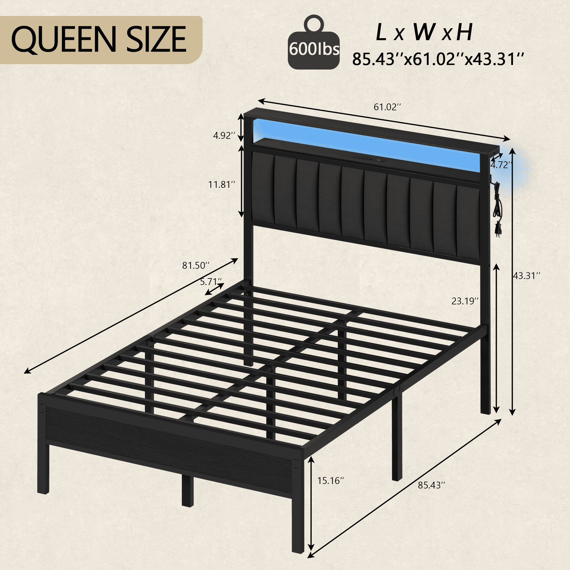 Tydimor Queen Size Platforrm Bed Frame with Charging Station, LED Standard Storage Space Bed for Bedroom, No Box Spring Needed