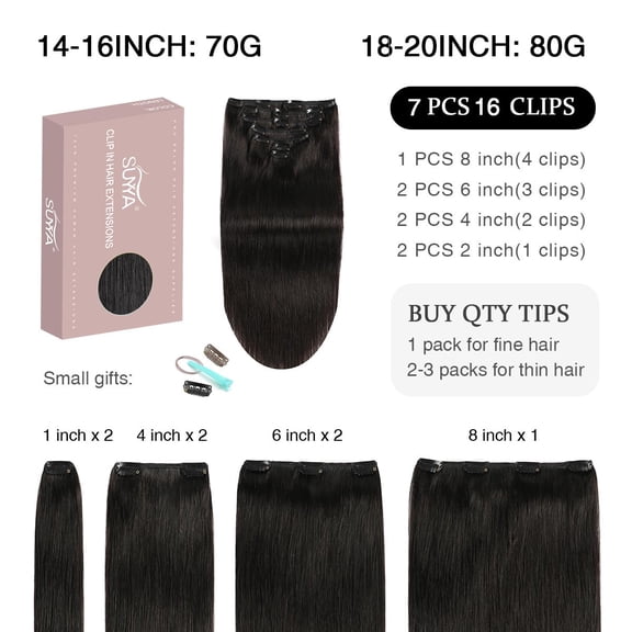 WEIF-Real Human Hair Clip in Extensions - 7 Pcs Straight Remy Hair Clip ins for Women - Double Weft 14 Inch #1B Off Black 70G