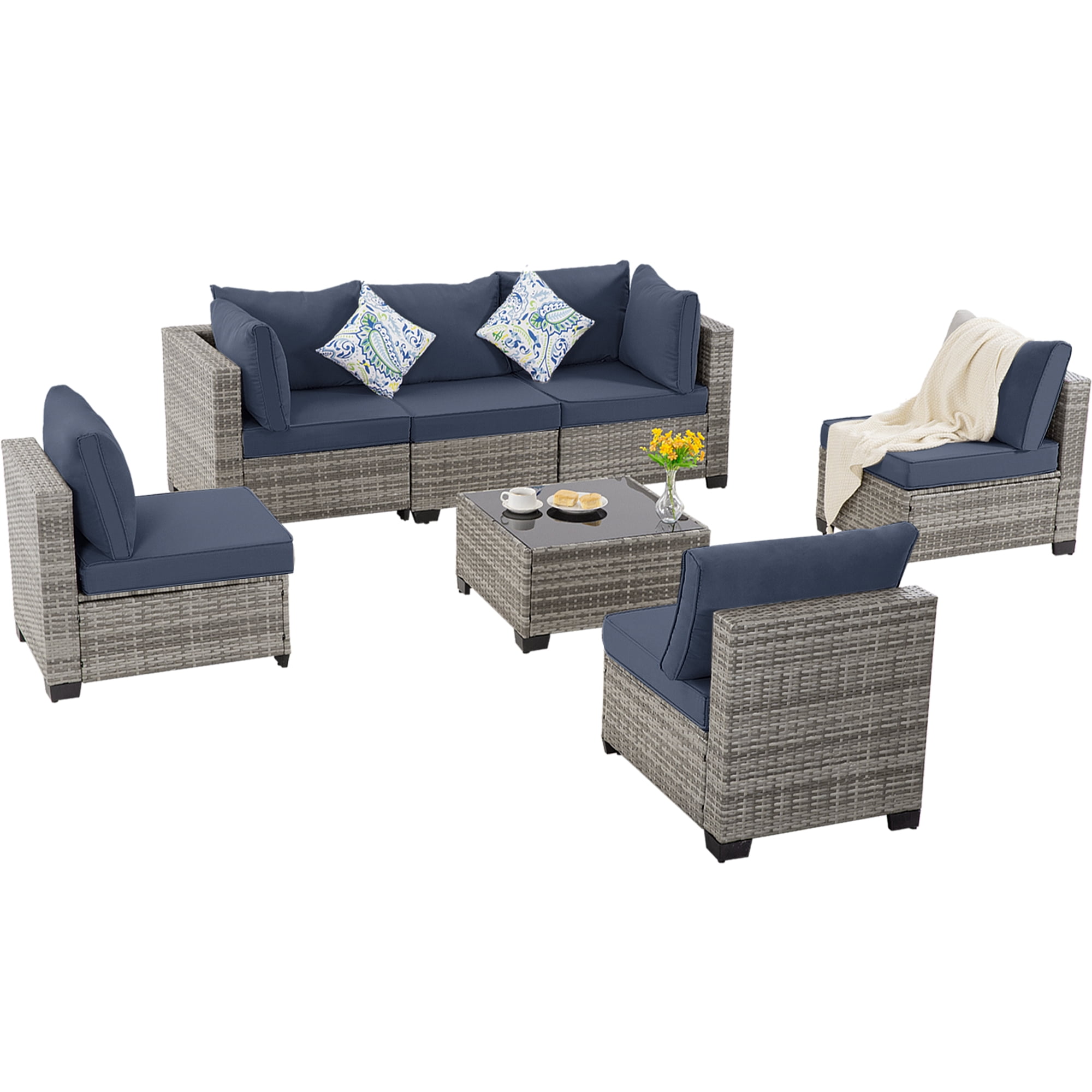 YIORTWO 7-Piece Outdoor Patio Furniture Set, PE Wicker Sectional Conversation Sofa Set with Glass Coffee Table, Weather-Resistant Cushions for Patio, Garden, Backyard