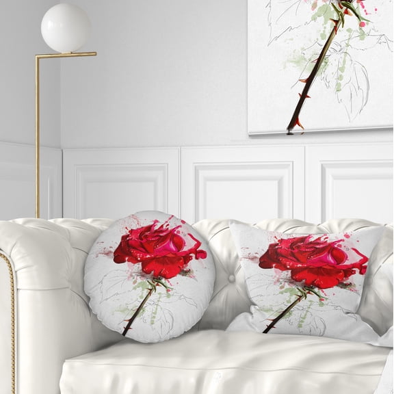 Designart Rose Sketch with Stem on White - Flower Throw Pillow - 12x20