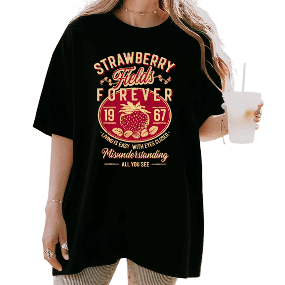 Women's Retro Strawberry Fields Forever 1967 Graphic Tee Vintage Music Lover Short Sleeve Round Neck Top Black S-5XL