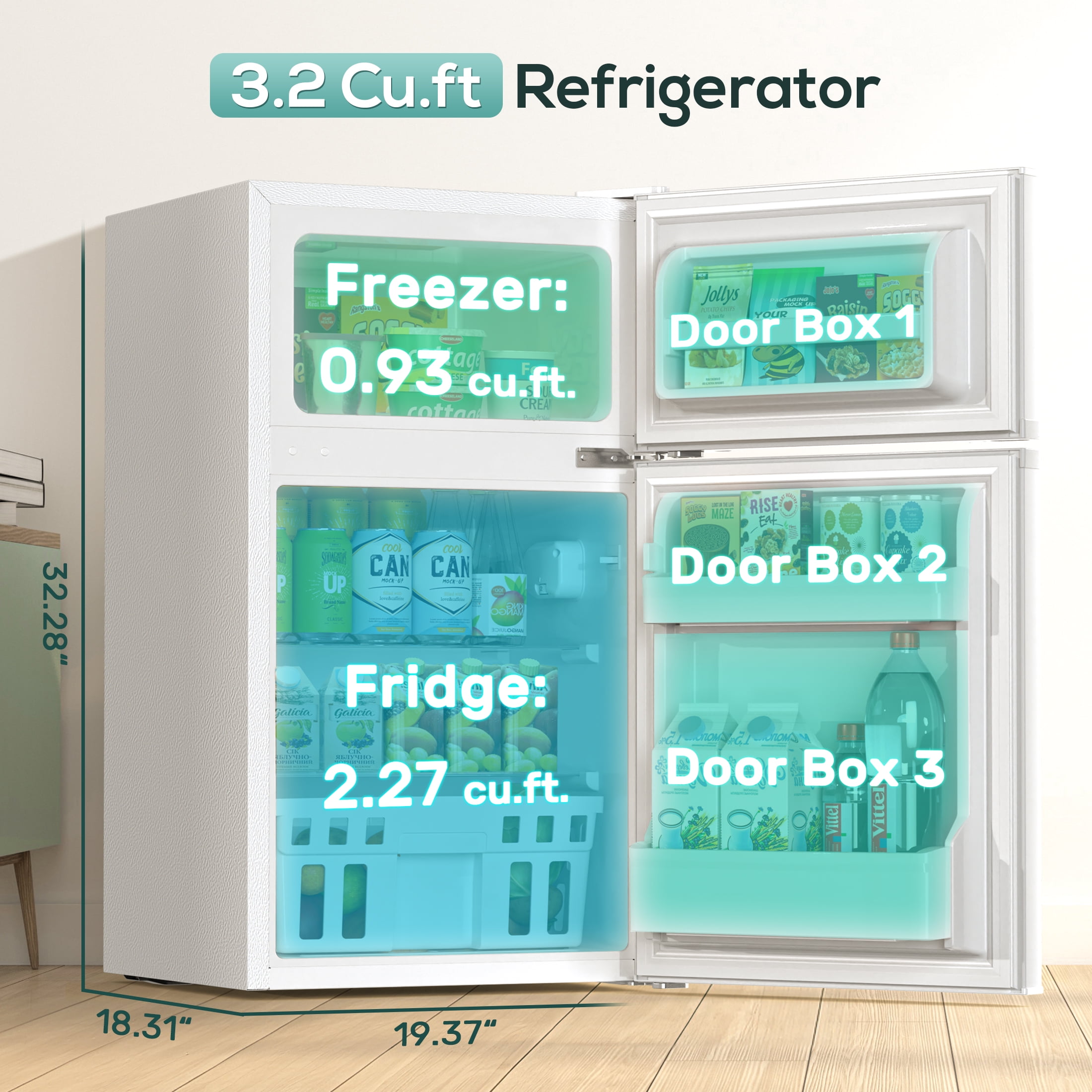 Auseo 2 Door  3.2 Cu.Ft Mini Fridge Adjustable Temperature Refrigerators with Removable Shelves, Suitable for Home/Kitchen/Office/Dorm, White