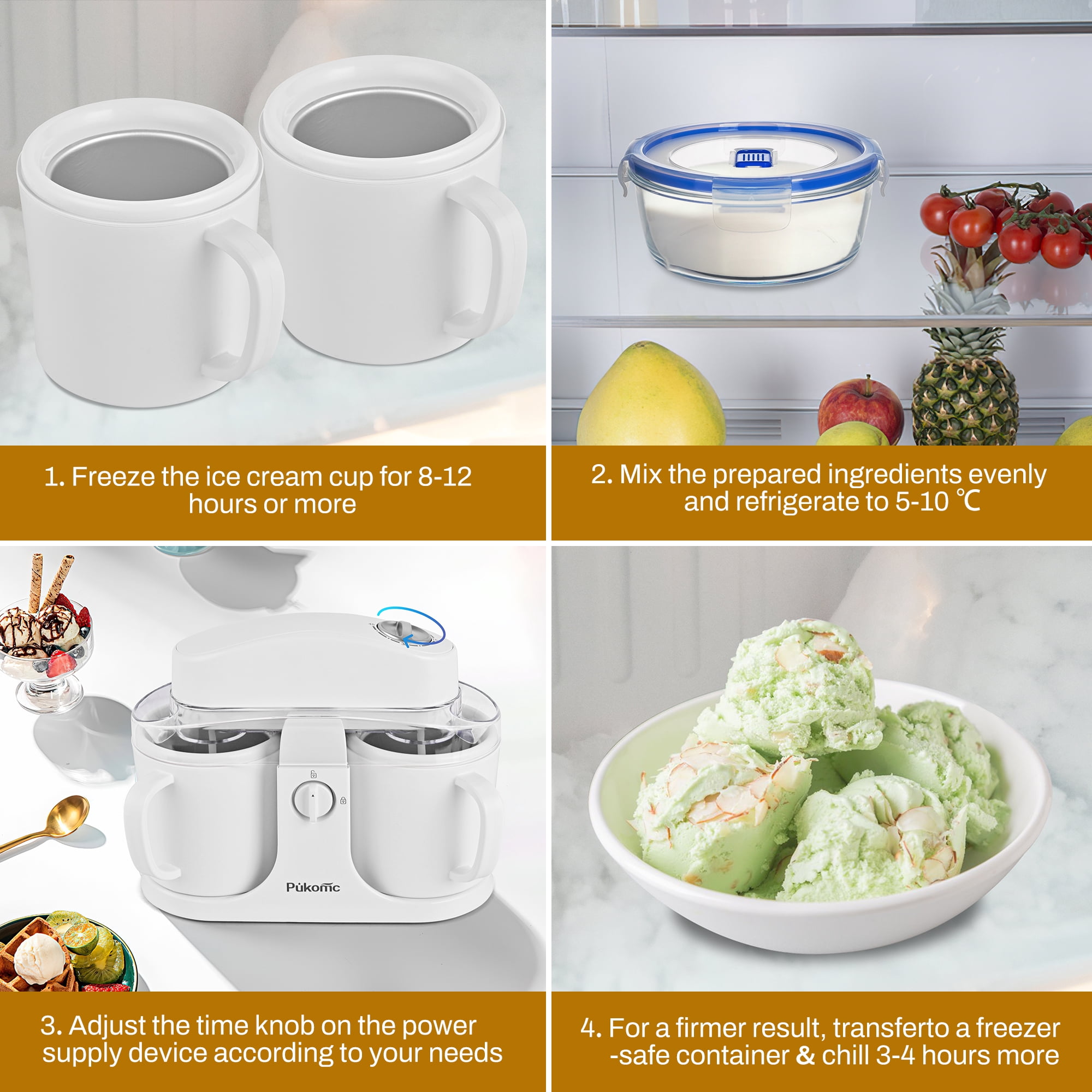 SUSTEAS Ice Cream Maker Machine for Home Use, with Two Ice Cream Bowls,Simple Operation and Easy to Clean,Pure White