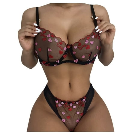 

BIZIZA Sexy Lingerie for Women Babydoll Embroidery Lingerie Set Mesh Teddy Bra and Panty Sets Black L