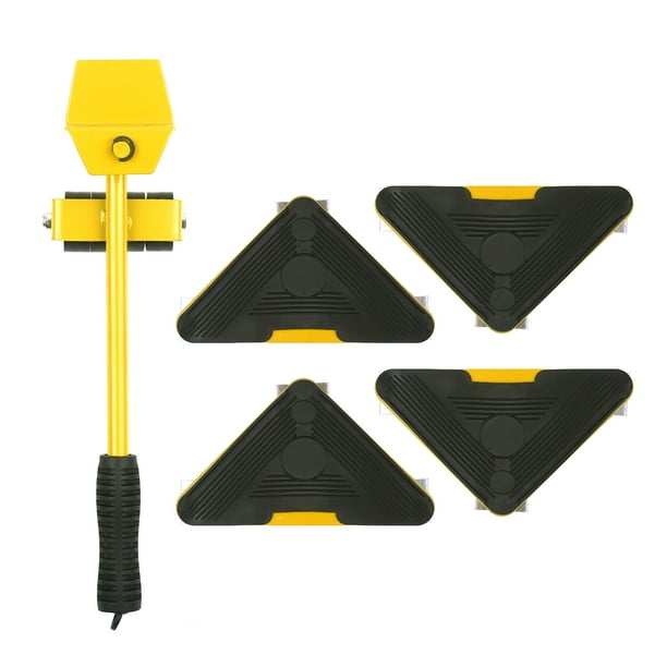 Juego de 5 piezas para mover muebles de aluminio, color amarillo, con capacidad máxima de 500 kg. Incluye 1 elevador y 4 rodillos deslizantes. Ideal para sofás, camas y electrodomésticos.