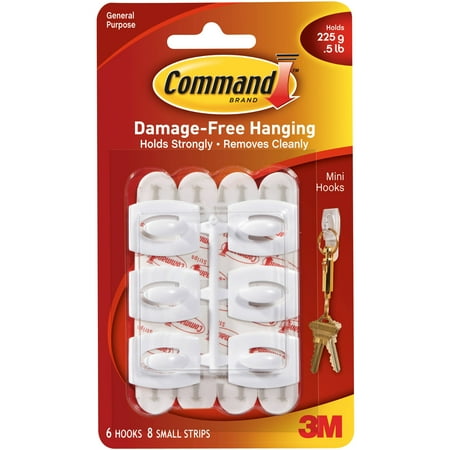 3M Command Hooks, Mini, White, 6/Pkg.