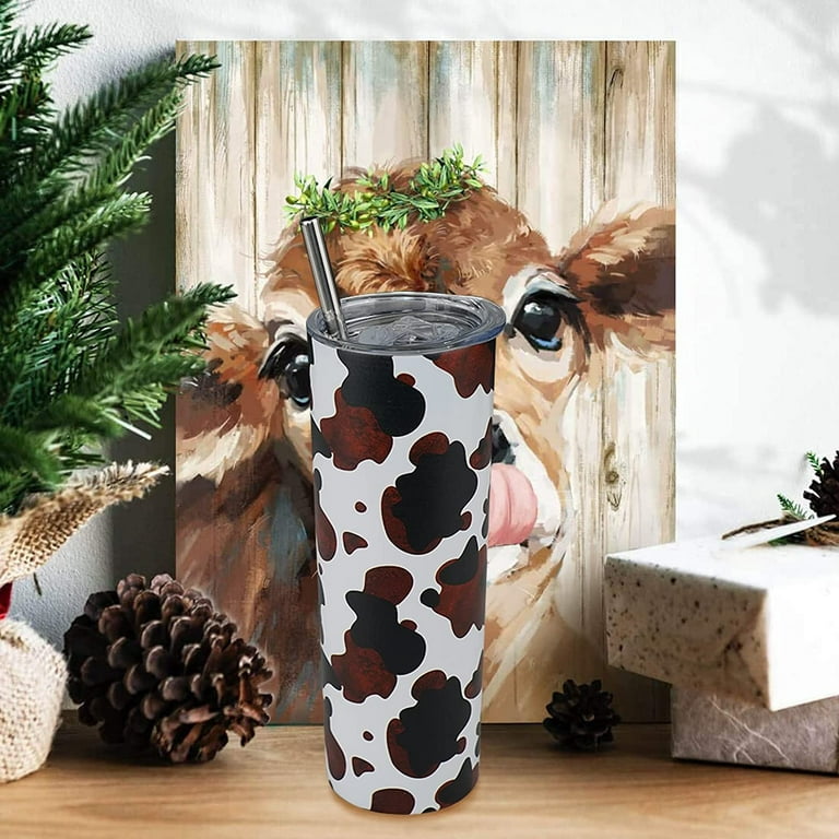 Mhrevyi Cow Print Tumbler with Lid and Straw - 20 oz Insulated Stainless Steel Travel - Cup Cow Stuff Accessories Decor - Double Wall Coffee Mug 