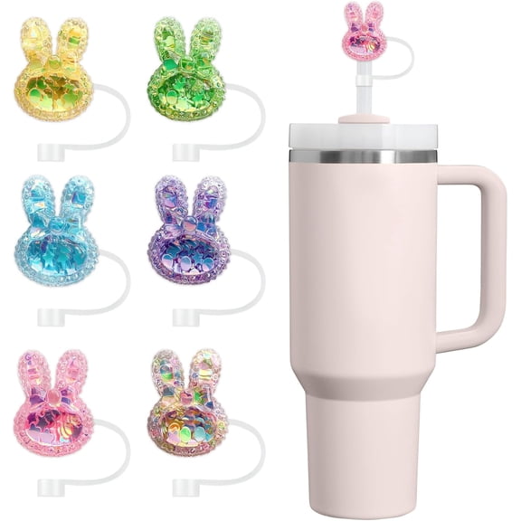 6PCS Easter Stanley Straw Cover, 10mm Bling Straw Toppers for Stanley Cup 30 & 40 oz, Reusable Tumbler Accessories, Christmas Cute Decoration Gift for Women & Girls(Bunny)
