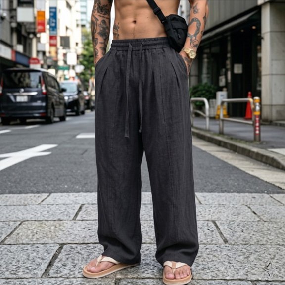 Blmnix Lightweight Pants Pants for Men Palazzo Baggy Linen Pants Low Rise Leggings Straight-Leg Black Long Mens Summer Pants,XXXXXL