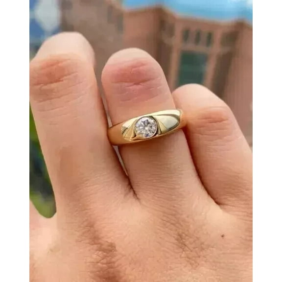 1.5Ct Round Natural Moissanite Bezel Set Solitaire Ring 14k Yellow Gold Plated