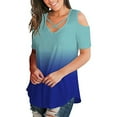 thumbnail image 3 of Scyoekwg Dressy Tops for Women Trendy Short Sleeve Tunic Shirts Loose Comfy Blouse Casual Tshirt V-Neck Cold Off Shoulder Shirts Gradient Color Graphic Tunic Tops (Dark Blue,), 3 of 5