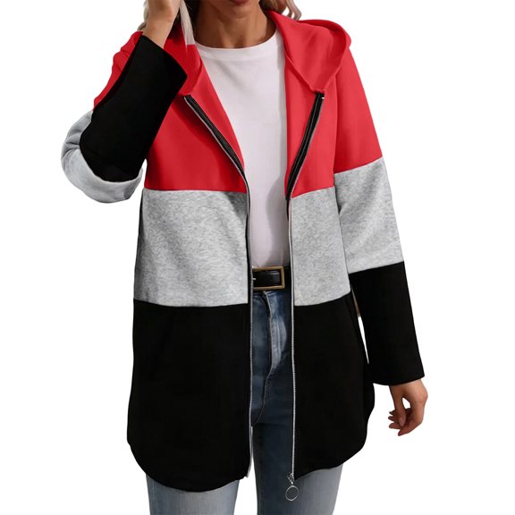 cocolona Womens Color Block Jackets Zip Up Hooded Long Sleeve Sweatshirts Casual Loose Plus Szie Fall Tops