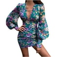 thumbnail image 1 of CEHVOM Robe Décontractée Sexy pour Femmes Imprimée Col en V Manches Longues Mini Robe, 1 of 5