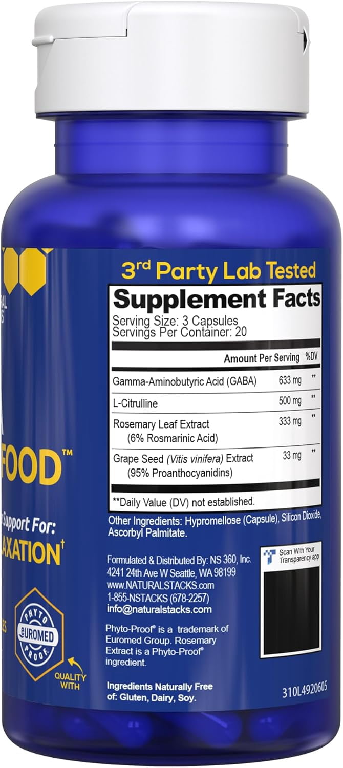 Natural Stacks Gamma-Aminobutyric Acid GABA Supplement 60 ct. - Deep Relaxation and Calm - Night Time Sleep Aid - Brain Food Formula Promotes GABA (Gamma-Aminobutyric Acid)