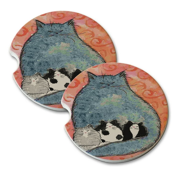 KuzmarK Sandstone Car Drink Coaster (set of 2) - Maine Coon Kitties Mama and Kittens on Pink Swirls Cat Art by Denise Every
