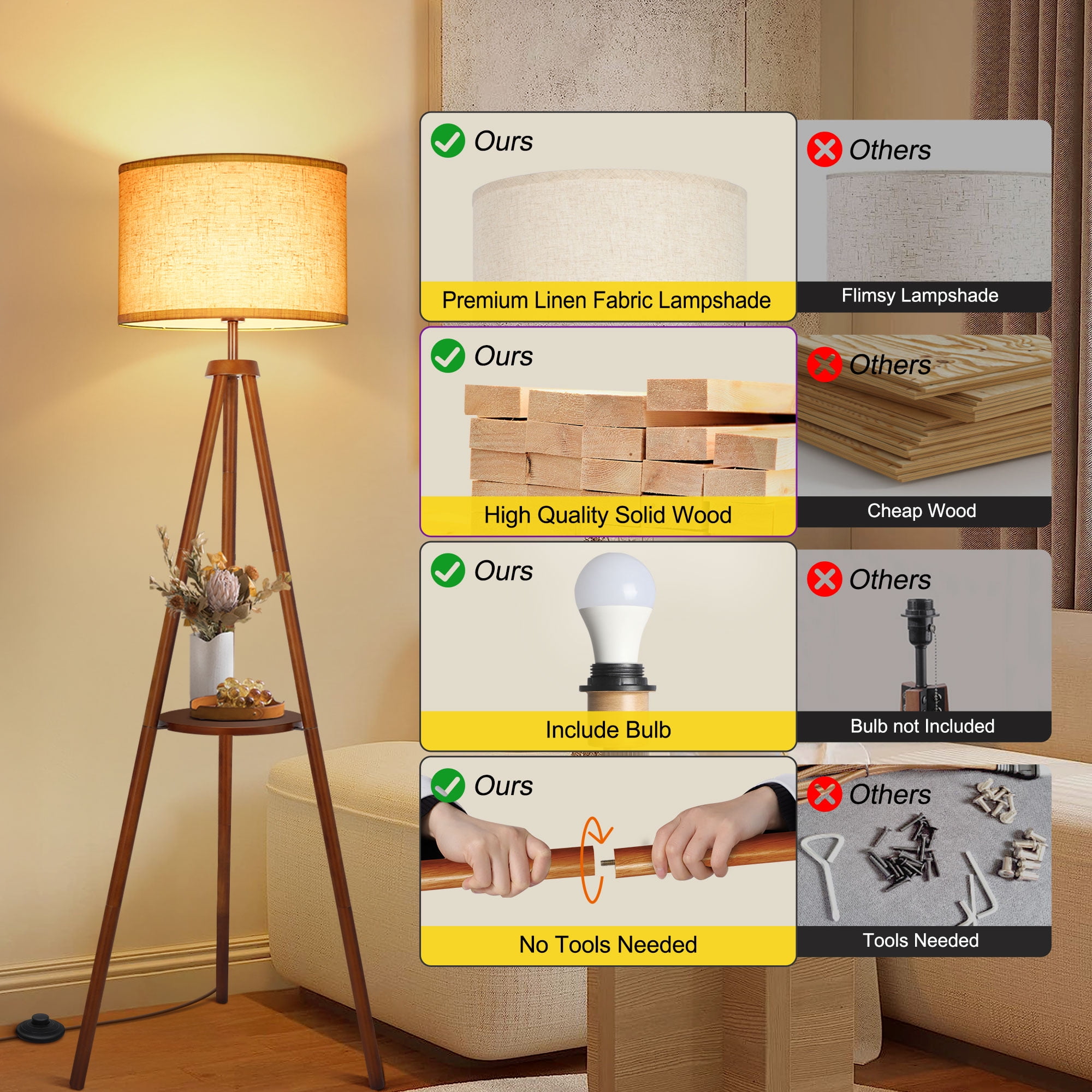 OUTON 63" Wood Tripod Floor Lamp with Shelves, Dimmable Standing Lamps with Remote Control, Modern Shelf Floor Lamp for Living Room, Bedroom, Office, LED Bulbs Included