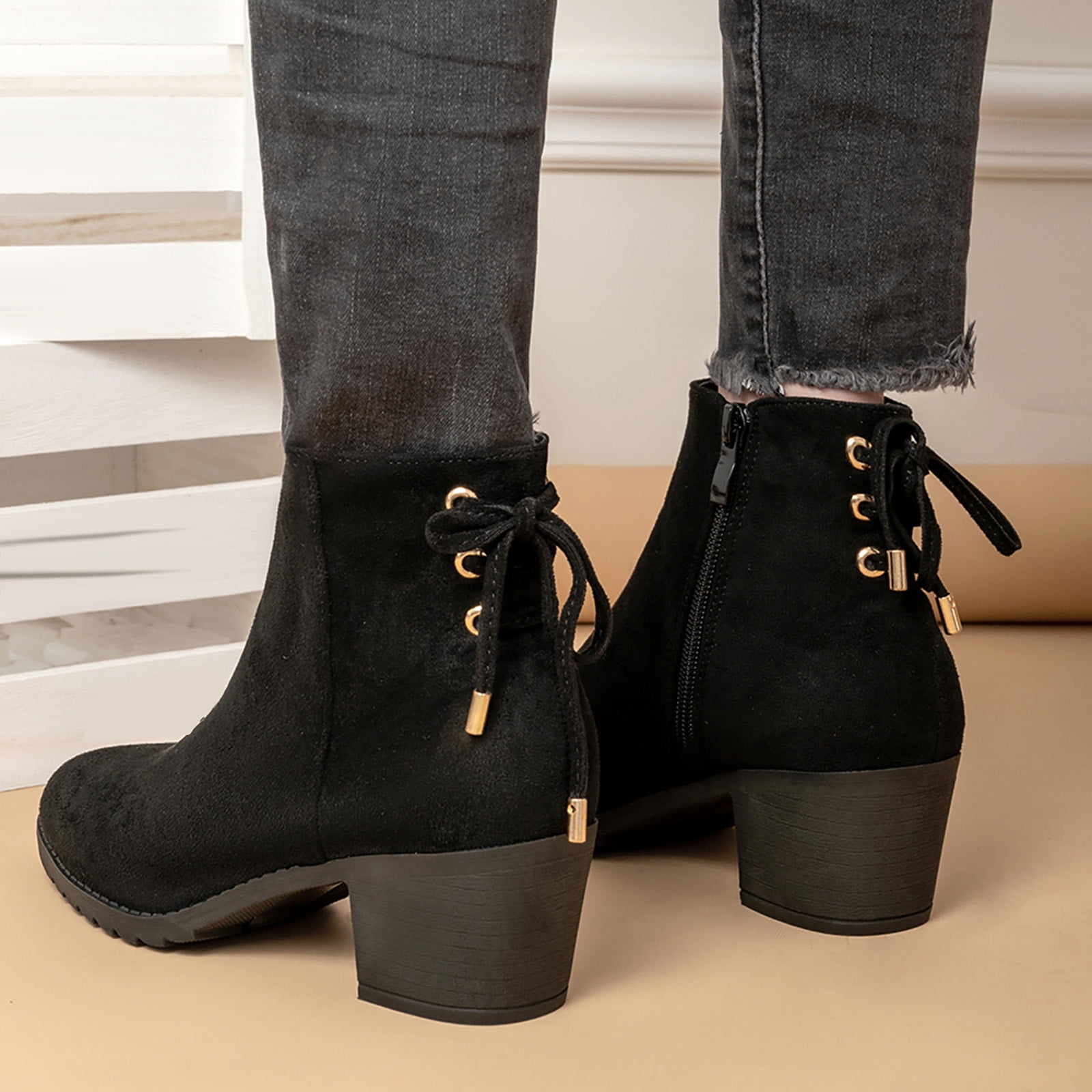 CBGELRT Black Boots for Women Fashion Strappy Side Zipper CBGELRT Black Boots for Women Fashion Strappy Side Zipper