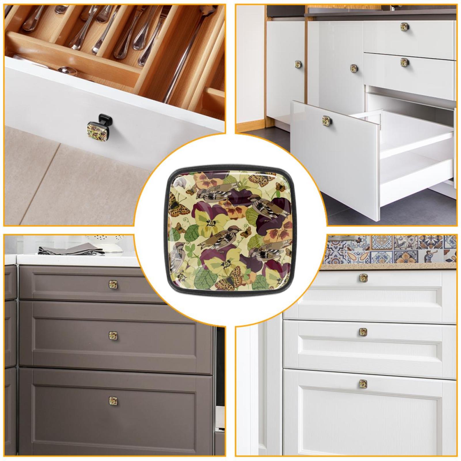 4 Pcs Cabinet Handle Drawer Pulls Countryside Birds Knobs with Screws Square Furniture Office Cabinet Knob Decoration