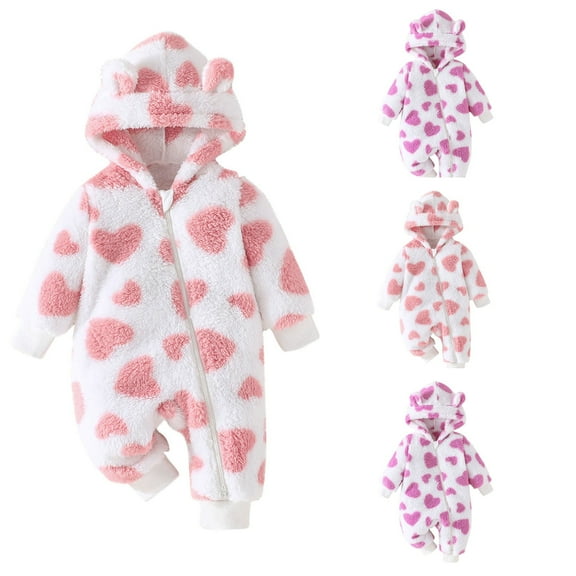 Eltusu Baby Girls Fleece Jumpsuits, Hooded Full Zip Long Sleeve Warm Winter Rompers Pink Size 0-18 Months