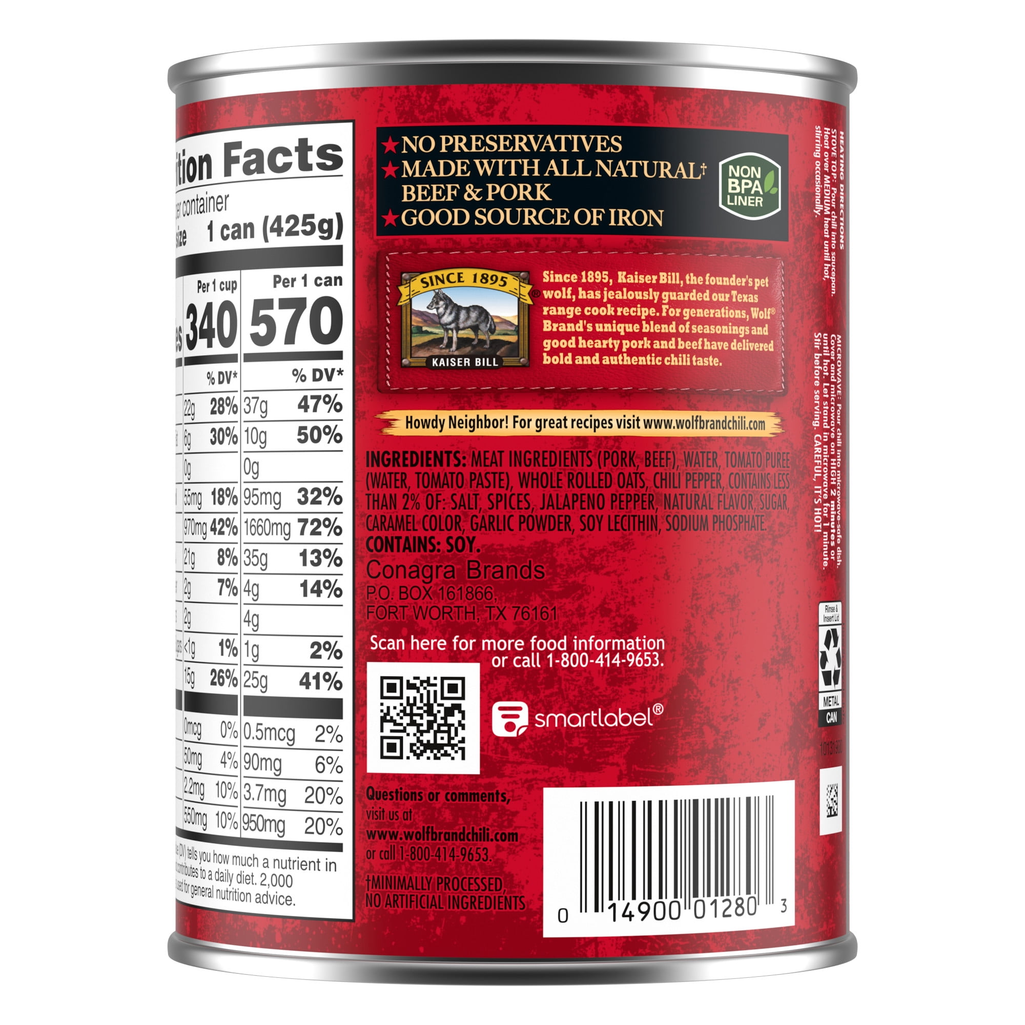 Wolf Brand Hot Chili Without Beans, 25g Protein Per Serving, 15 oz. Can