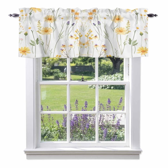 Yellow Daisy Floral Kitchen Curtain Valances for Windows Farmhouse Short Curtains, Spring Rustic Botanical Flowers Rod Pocket Valance Curtain for Bedroom Cafe Living Room 60"x18"