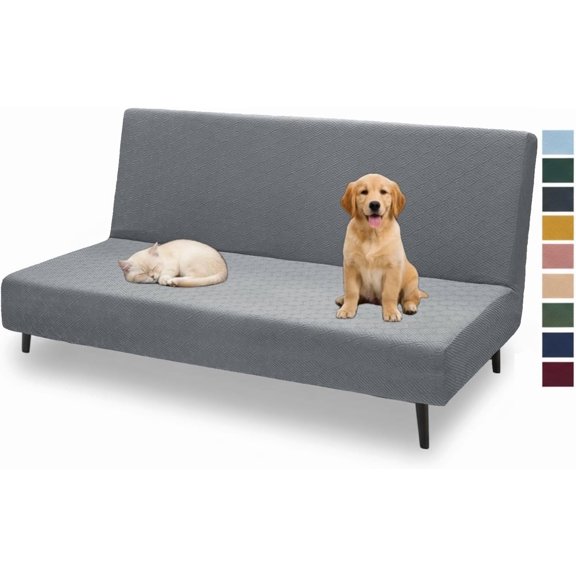 2026 New Futon Cover Full Size Stretch Armless Sofa Bed Anti-Slip Furniture Protector Without Armrests Slipcover with Elastic Bottom (67"-82", Light Gray)