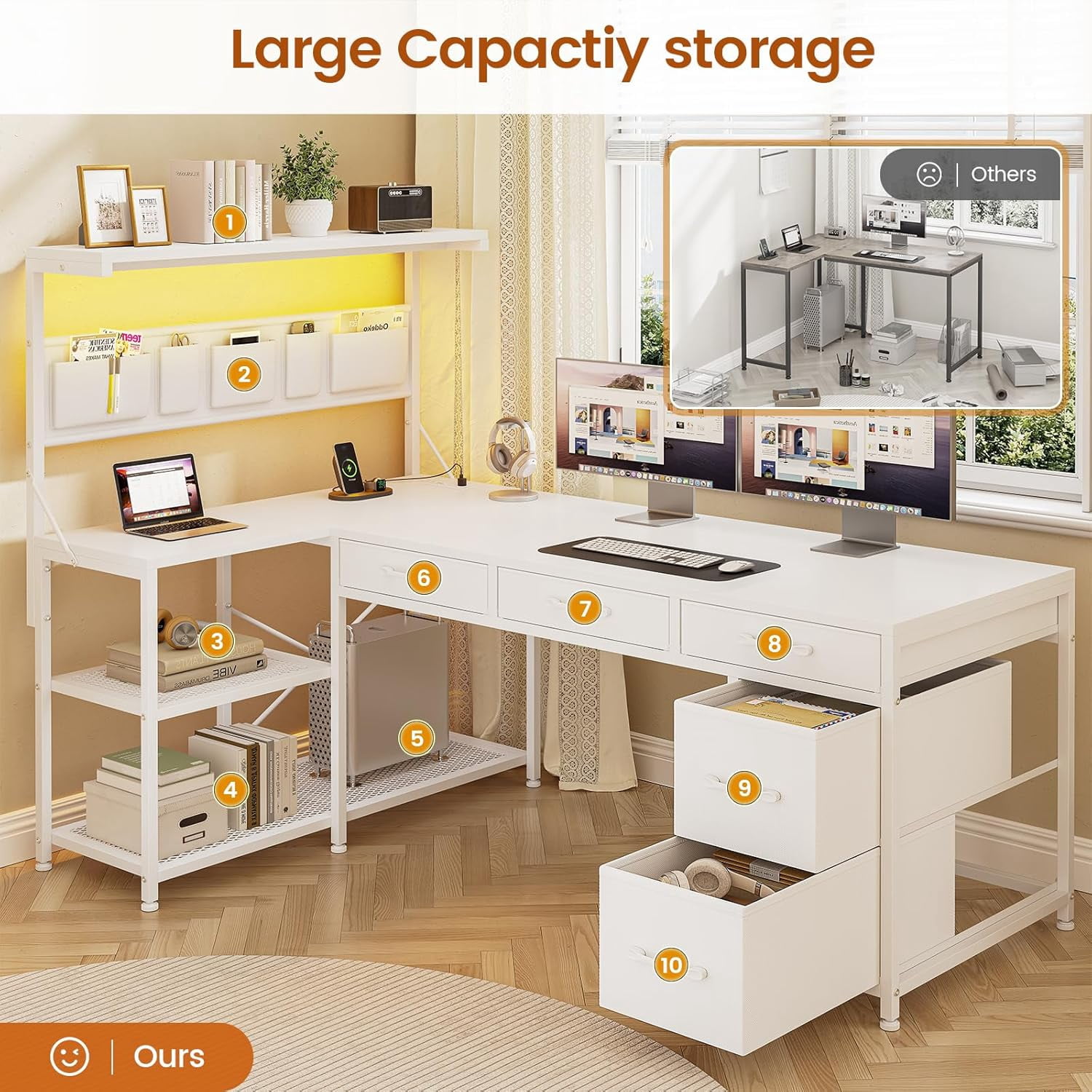 47" L Shaped Desk with 5 Drawers & Hutch, Reversible Gaming Desk with LED Lights & Outlets, Computer Desk with Open Shelves & Storage Bag for CPU, Books etc for Home Office, Space Saving, White
