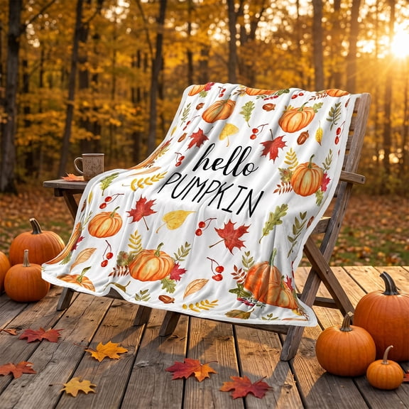 KOYPTL Fall Pumpkin Throw Blanket,Watercolor Autumn Design with Orange and White Pumpkins, Warm Soft Cozy Flannel Bed Blankets, Modern Farmhouse Decor for Bed Couch Sofa and Chair