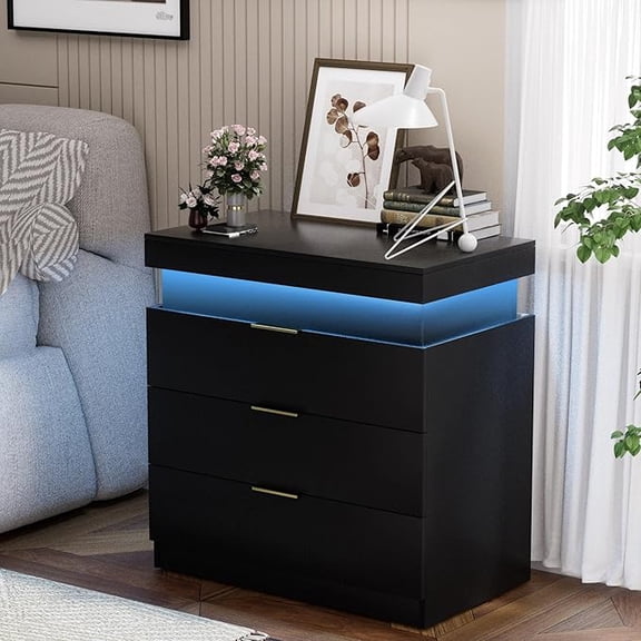 UZUGUL Black Nightstand with Charging Station and LED Lights, Modern End Side Table with Sliding Top and 3 Drawers, black