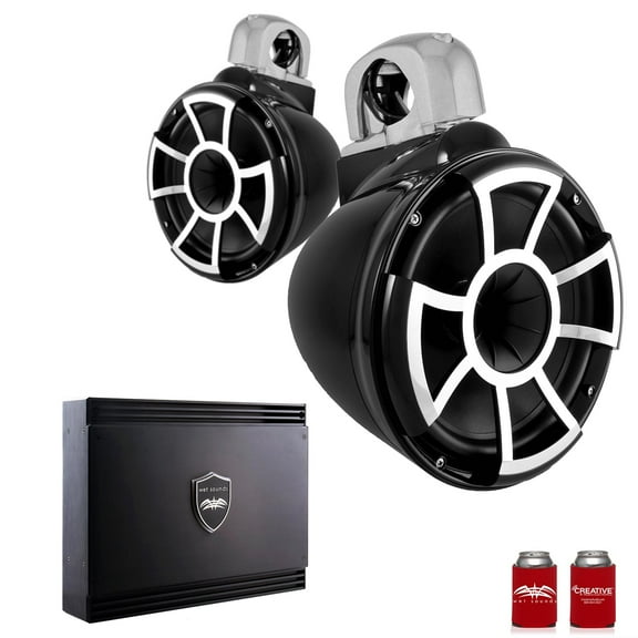 Wet Sounds REV10B-FC-SA 10" Black Tower Speakers with Silver Aluminum Fixed Clamps & SDX2 1250 Watt Amplifier