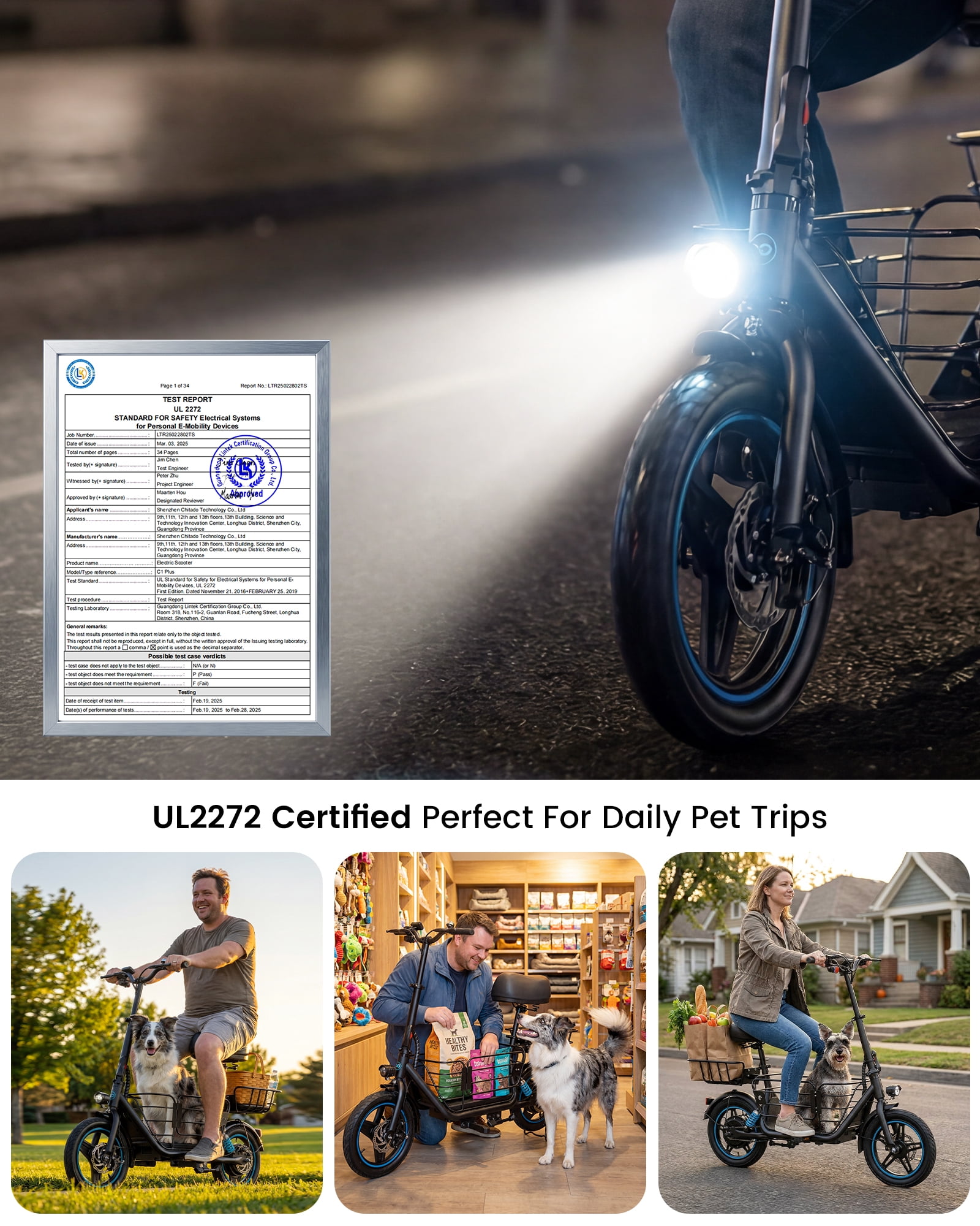 MIHOVER Electric Scooter with Seat for Adults & Medium Dogs, 650W Pet Scooter, 14" Tires, 30 Mile Range, 300 LBS, UL2272 Certified for Walks, Park Trips & Daily Rides