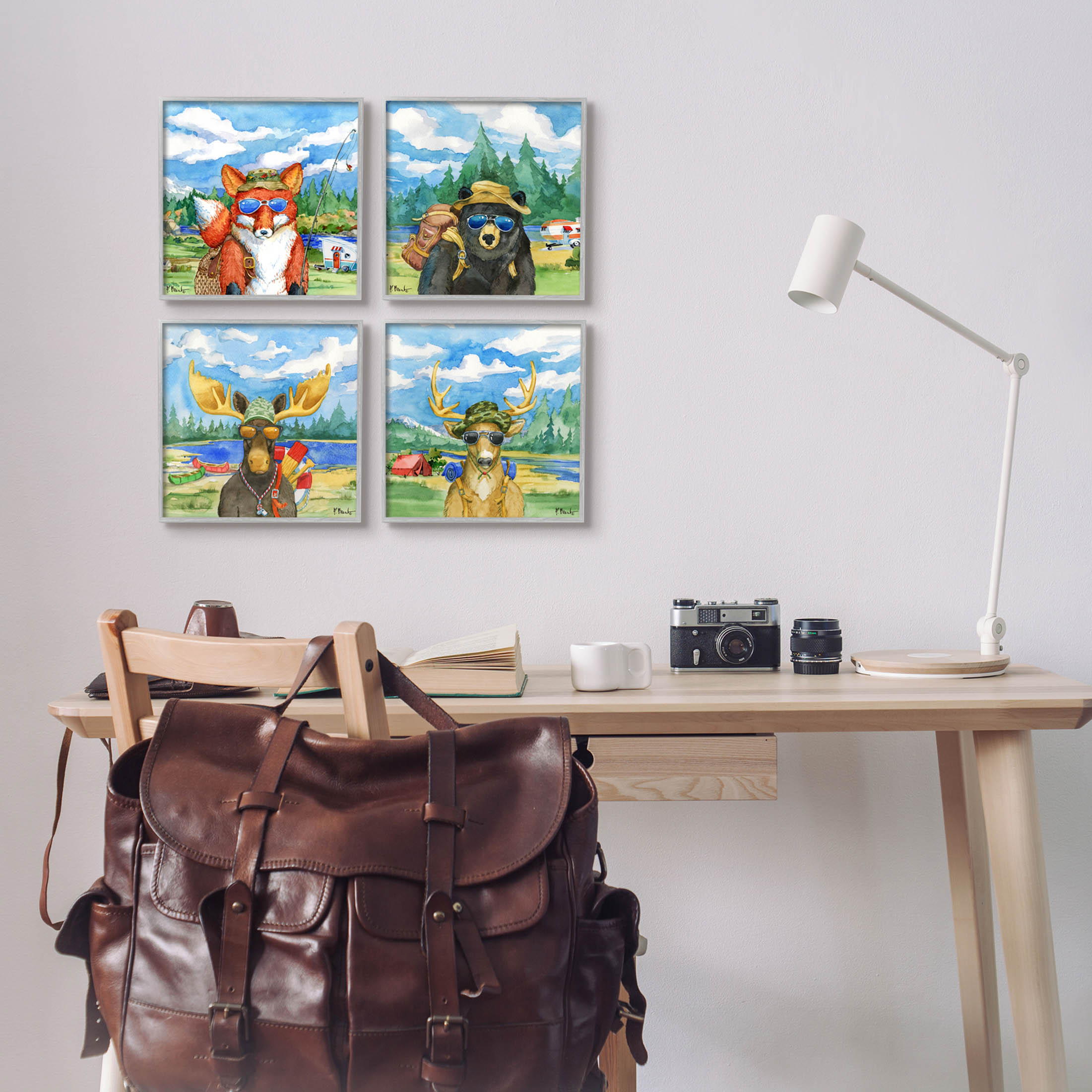 Stupell Industries Happy Camper Woodland Animals Painting Gray Framed Art Print Wall Art, Set of 4, Design by Paul Brent
