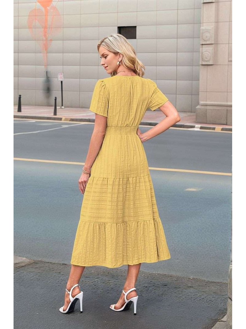 Summer Casual Short Sleeve Swing Dress with Elastic Waist, Yellow / M