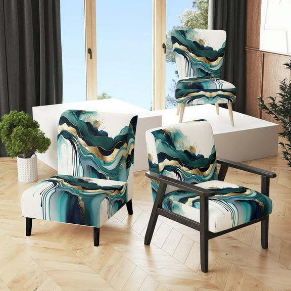 Designart "Teal and Gold Abstract Expressionism IV" Turquoise Modern Upholstered Accent Chair - Modern Arm Chair For Living Room