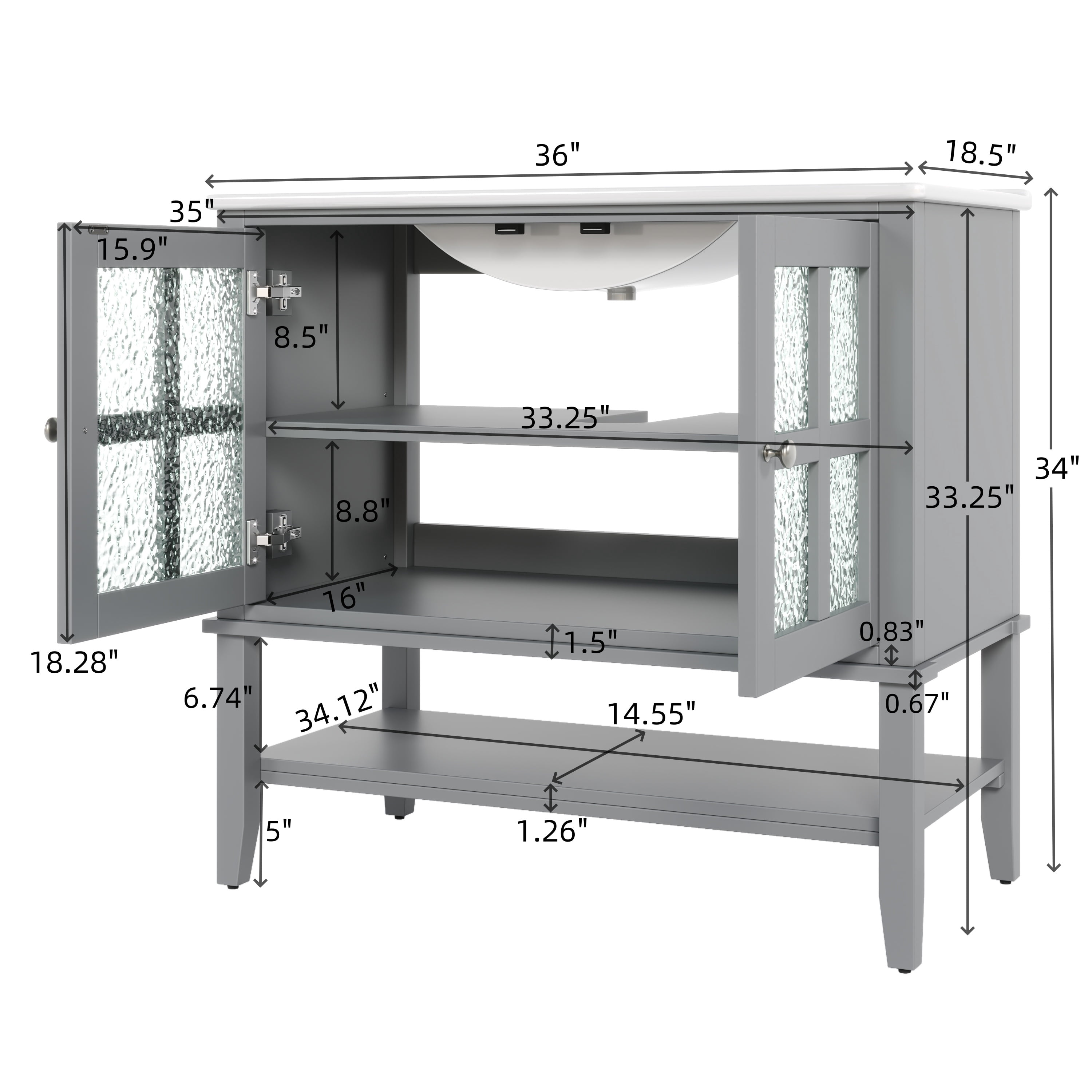 Euroco 36" Bathroom Vanity with Ceramic Sink, Textured Glass Doors, Solid Wood Legs, and Open Shelf – Modern Storage Solution