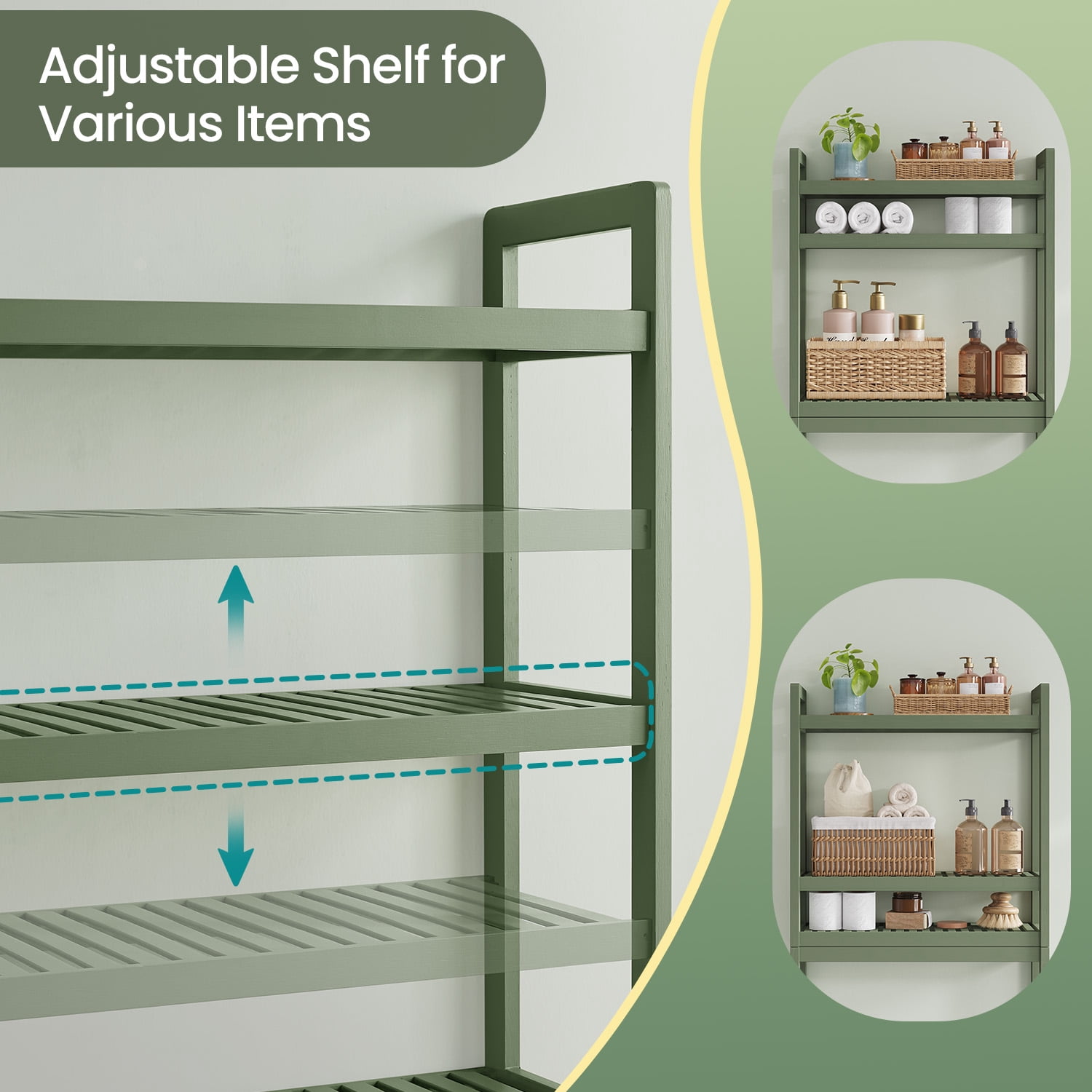 LEDREM Over The Toilet Storage Shelf, 3-Tier Bathroom Organizer Adjustable Saver Space Rack with Toilet Paper Holder, Forest Green