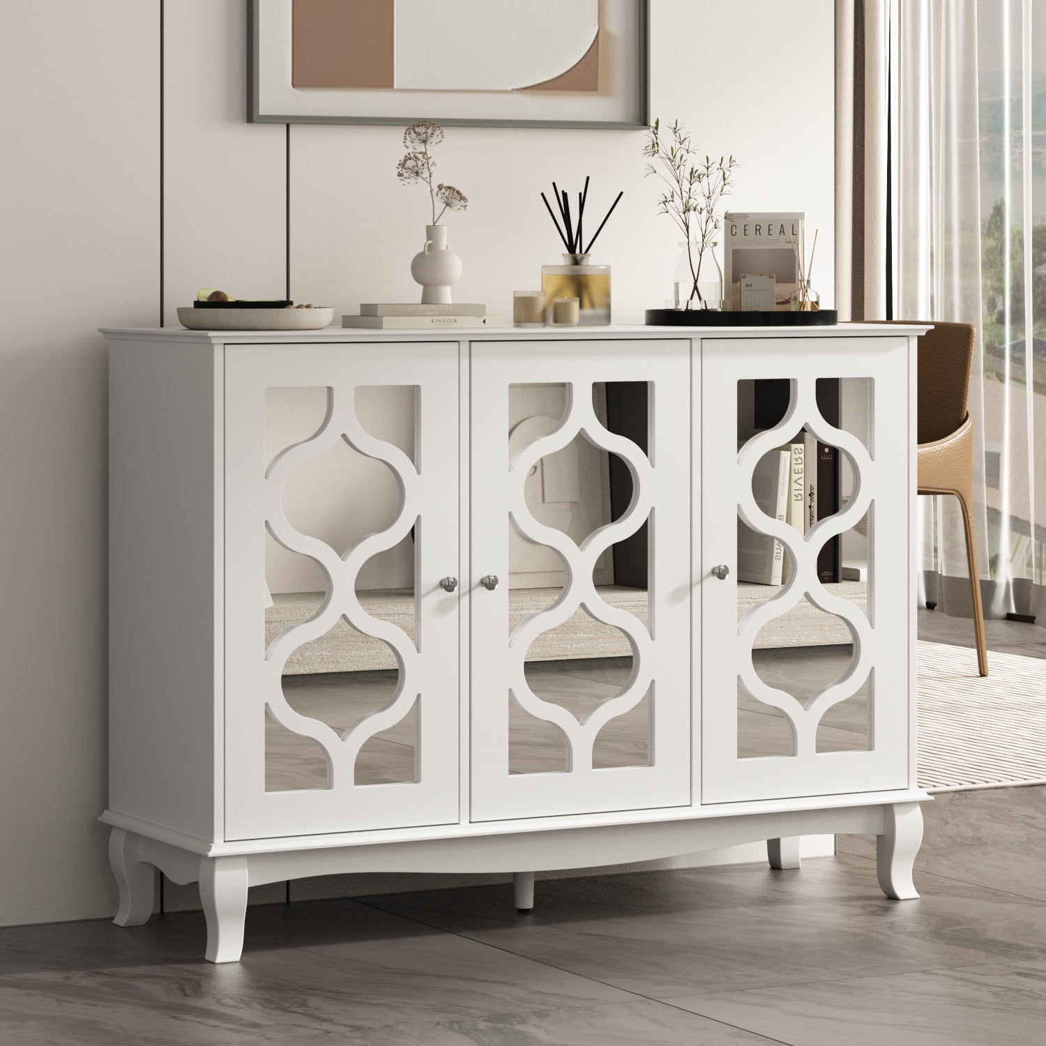 FUFU&GAGA White Sideboard Buffets with Framed Mirror Doors and