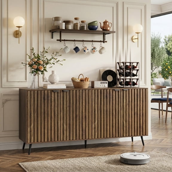 Semiocthome Sideboard Storage Cabinet with 4 Fluted Doors and 2 Shelves, Kitchen, Dining Room, Walnut