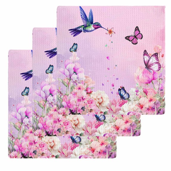 Pink Flower Kitchen Dish Towels for Drying Dishes Set of 3, Spring Floral Butterfly Elegant Pastoral Birds Waffle Weave Microfiber Hand Tea Bathroom Towels Quick Dry & Absorbent Towel 12x12