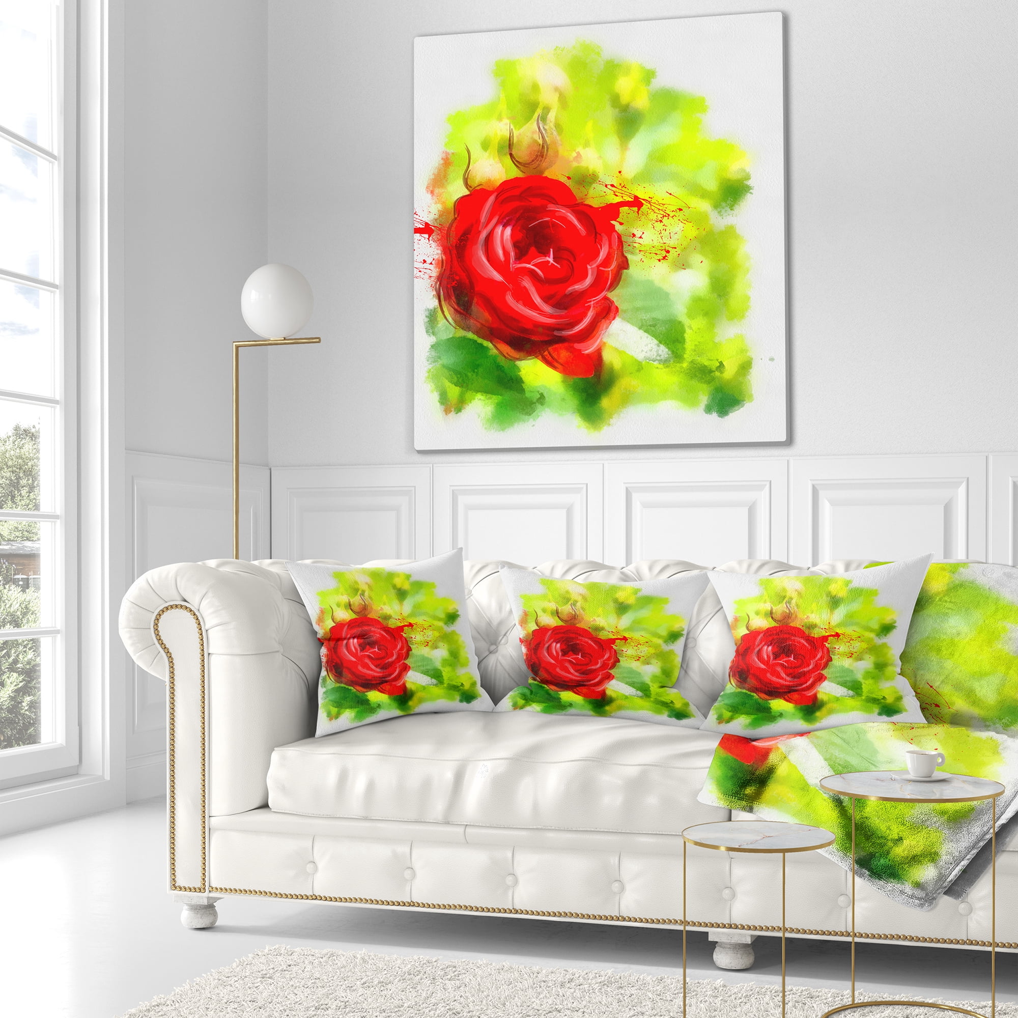Designart Bright Red Rose on Light Green - Floral Throw Pillow - 18x18